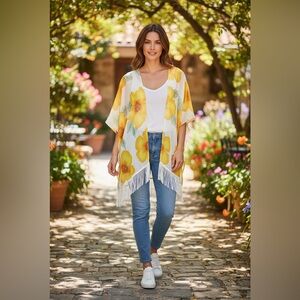 Sax Floral Yellow and White Kimono Shawl